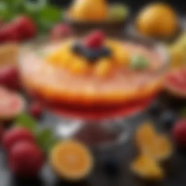 Colorful jello dessert in a bowl surrounded by fresh fruits.