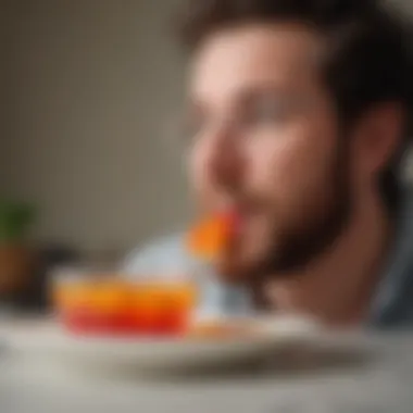 Person enjoying a bowl of jello as a snack.