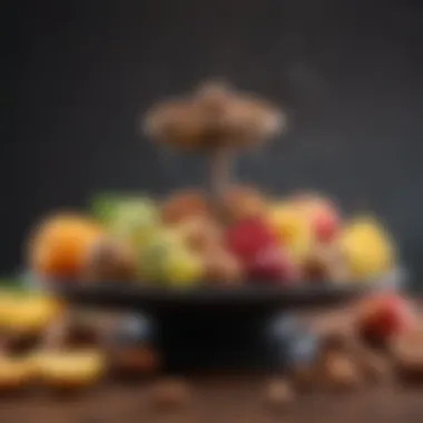 Balancing Nuts and Fruits in Diet A scale with nuts on one side and fresh fruits on the other