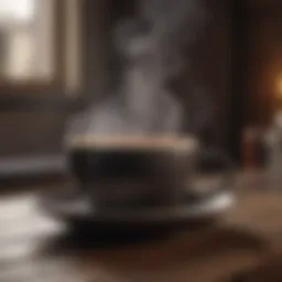 A close-up view of a steaming cup of black coffee on a wooden table.