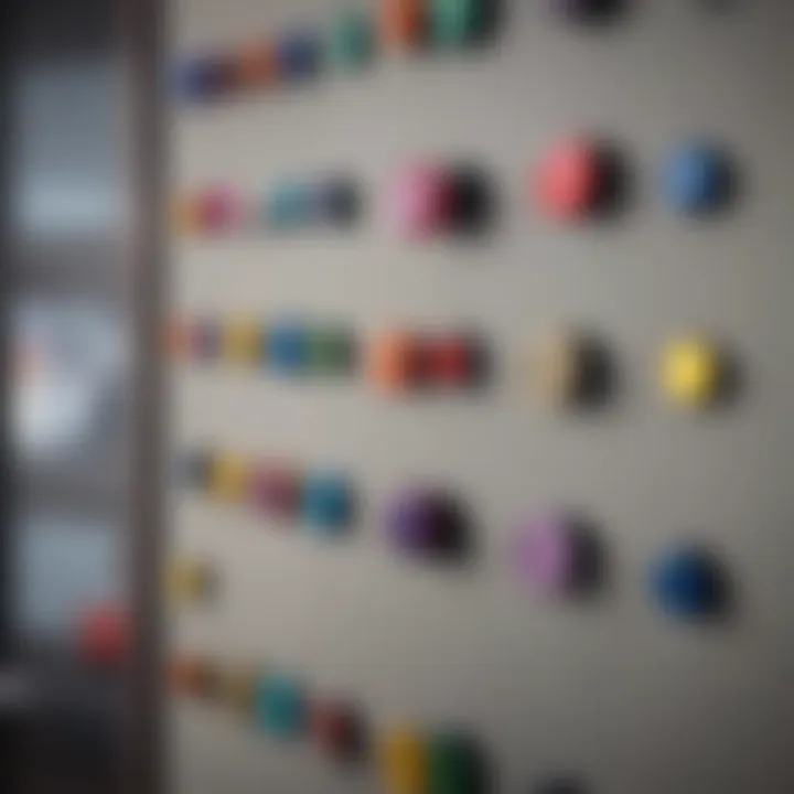 Colorful button magnets displayed on a whiteboard for organization.