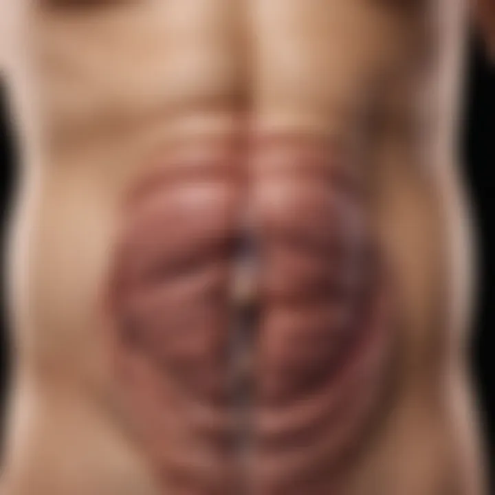 An illustration of a stomach outline with arrows pointing to intestines, representing gastrointestinal issues.