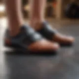 Close-up of flat shoes designed for weightlifting showcasing grip and support features