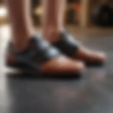 Close-up of flat shoes designed for weightlifting showcasing grip and support features