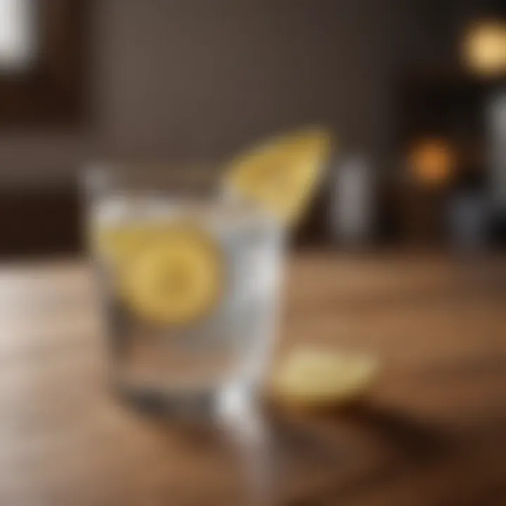 A glass of water with lemon placed on a wooden table