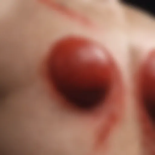 Close-up view of red pustules on skin