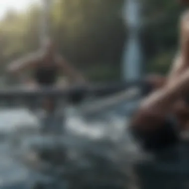 Close-up of rowing machine with water tank