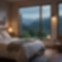 A serene bedroom setting with open windows allowing fresh air.