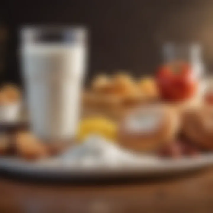 A glass of milk surrounded by various foods