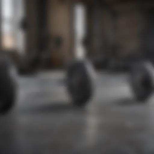 Different types of barbell sets displayed on a gym floor